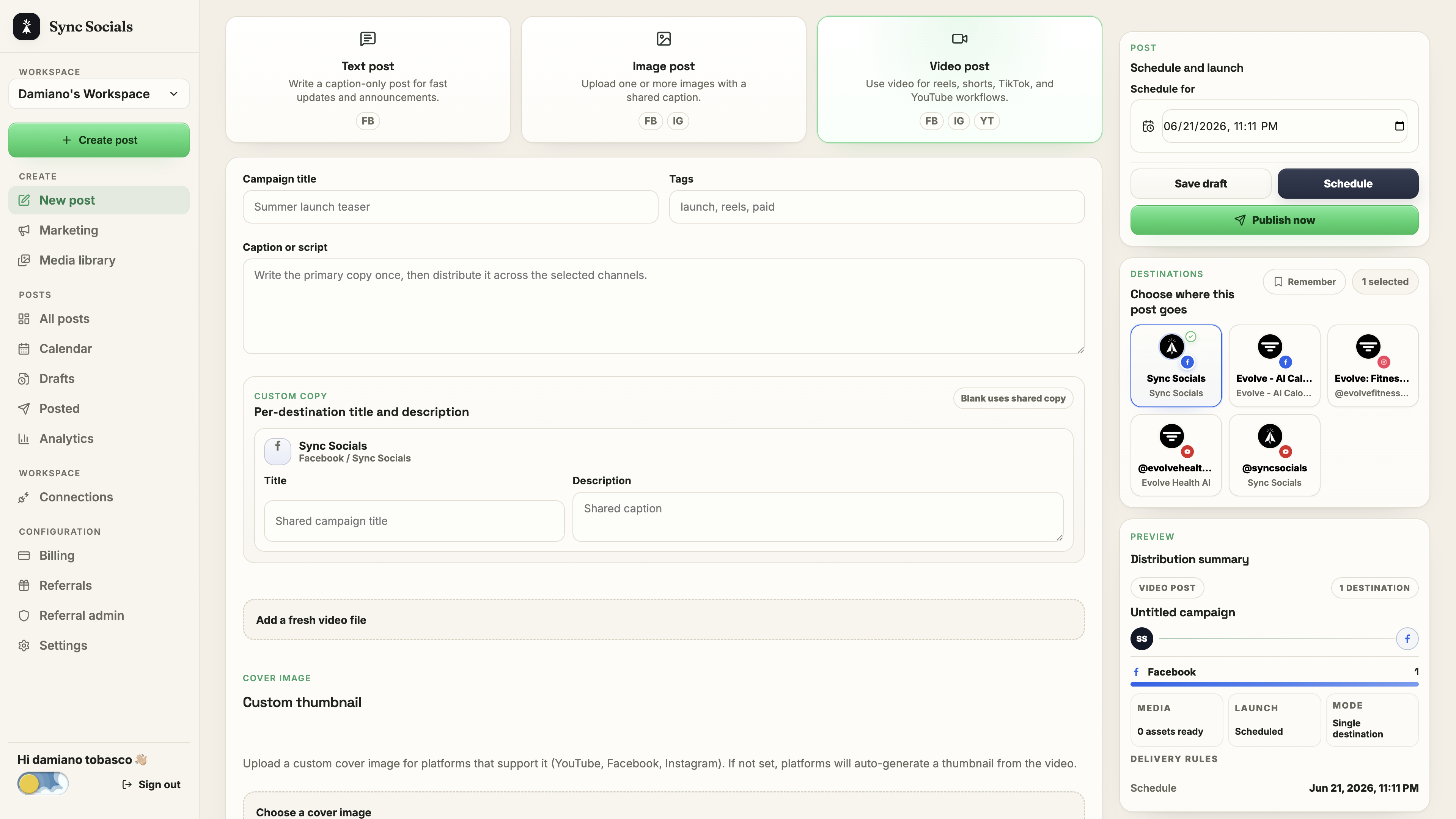 Sync Socials dashboard - compose a post and publish it to Instagram, Facebook, and YouTube at once